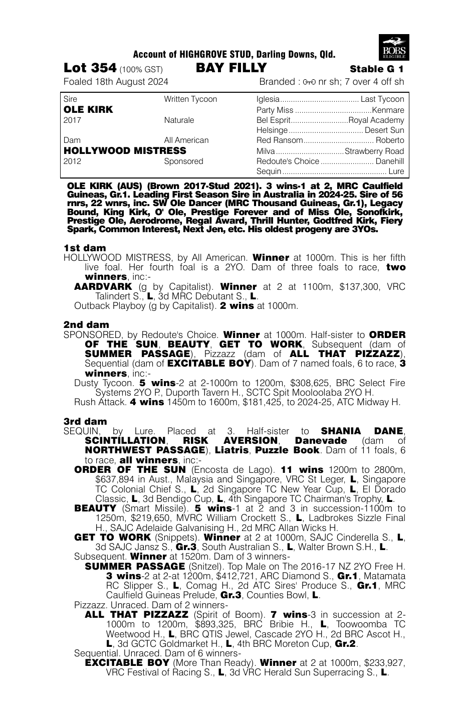 Pedigree - Lot 354