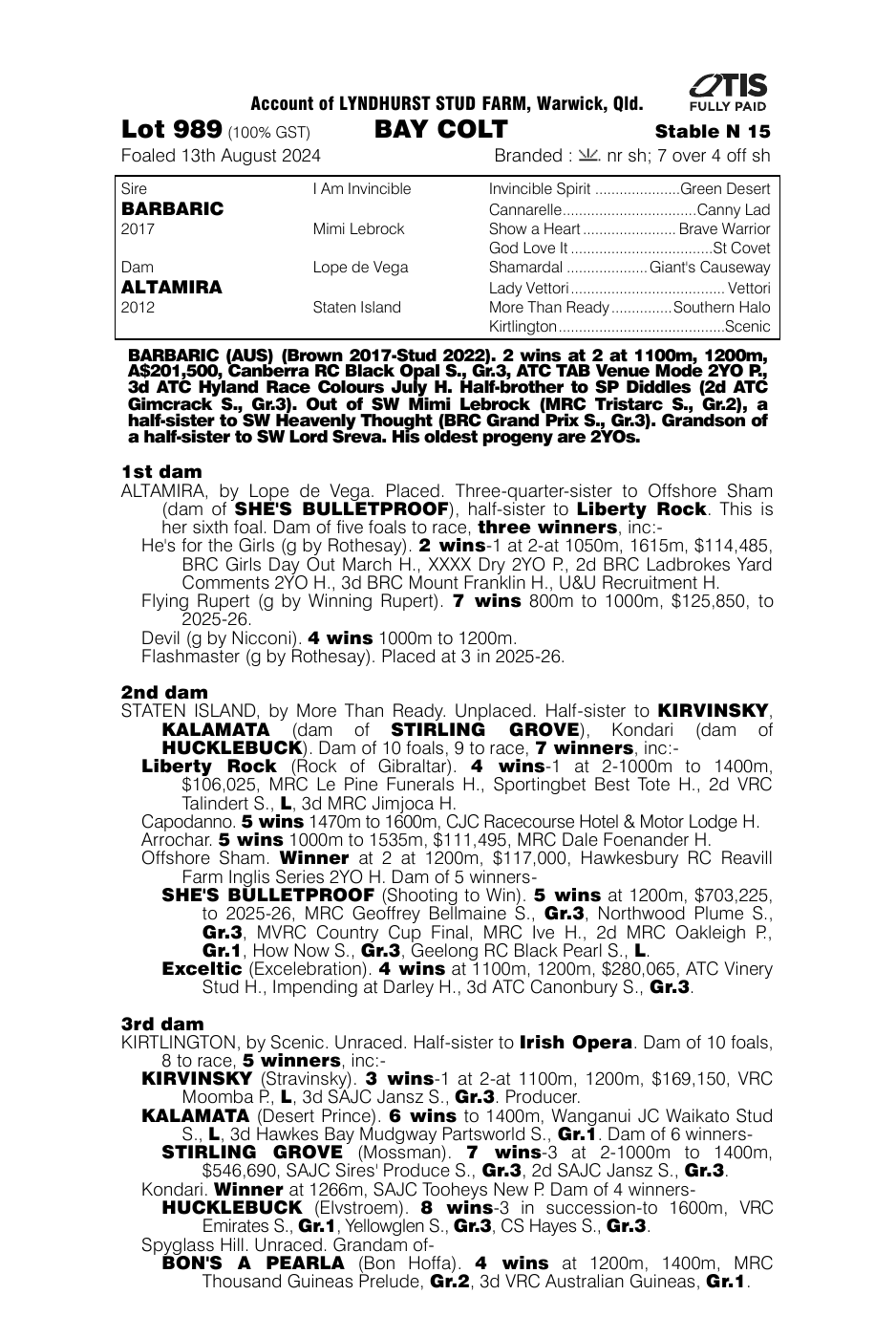 Pedigree - Lot 989
