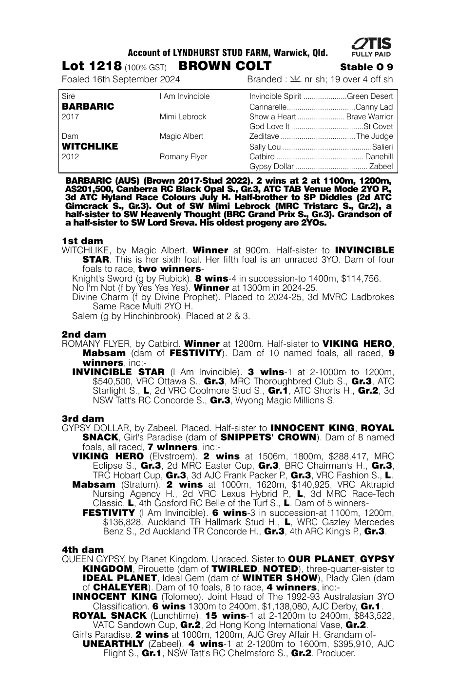 Pedigree - Lot 1218