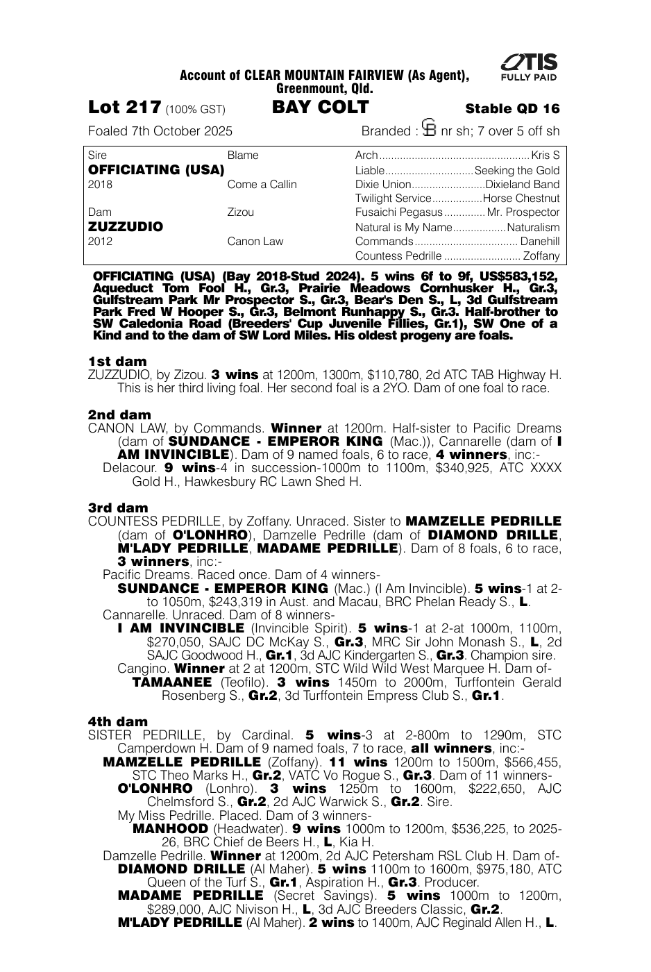 Pedigree - Lot 217